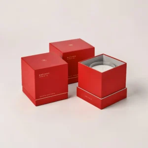Rigid candle box in red custom packaging for luxury candle presentation