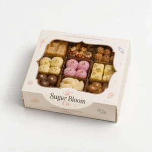 Custom sweet boxes with logo printing and clear window for assorted sweets