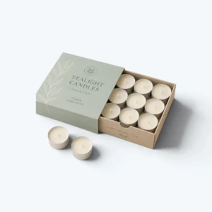Tealight candle boxes with drawer-style cardboard packaging, custom inserts, and printed branding