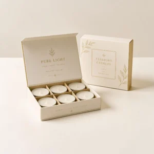 Tealight candle boxes with cardboard inserts, luxury gift packaging, and printed candle branding