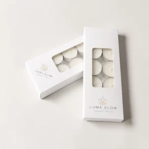 Tealight candle boxes with white window packaging, custom logo printing, and retail display design