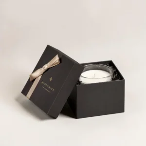 Rigid candle box with black luxury packaging and ribbon detail for candle jars