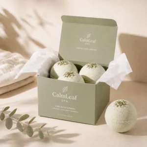 Custom CBD bath bomb boxes with green spa packaging, tissue paper, and hemp-infused bath bombs