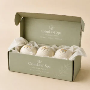 Custom CBD bath bomb boxes with open spa gift packaging and tissue-wrapped bath bombs