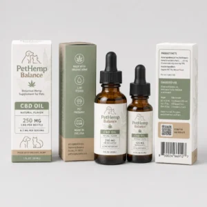 CBD pet oil packaging with custom printed boxes and amber dropper bottles