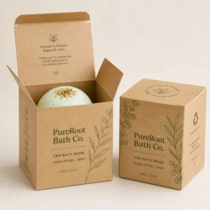 Custom CBD bath bomb boxes in kraft material with botanical printing and eco-friendly bath bomb packaging design