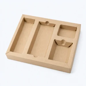 Kraft paperboard insert trays with multiple product compartments for lightweight retail packaging