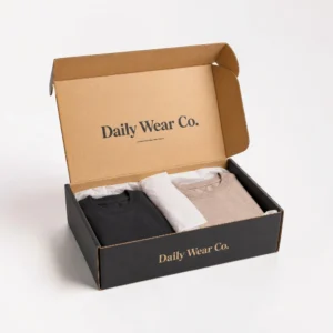 Apparel mailers with black mailer box for folded t-shirts and ecommerce packaging