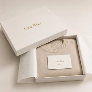 Boutique boxes with folded sweater and tissue paper for boutique apparel packaging