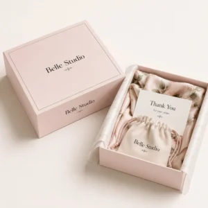 Boutique boxes with custom thank you card and soft pink boutique packaging design