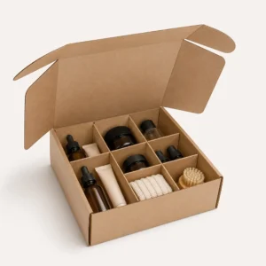 Box divider inserts in a kraft mailer box holding bottles, jars, tubes, and accessories in separate compartments