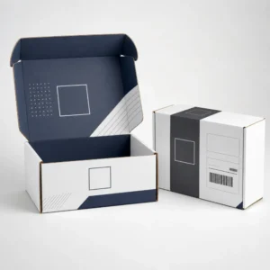 Ecommerce shipping boxes with branded blue and white printed mailer packaging