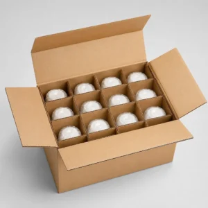 Cardboard box dividers inside a kraft shipping box separating round products with protective compartments