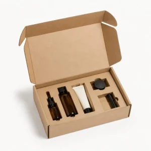 Custom cardboard box inserts in a kraft mailer box holding cosmetic bottles and tubes