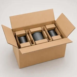 Corrugated inserts inside a shipping box protecting heavy cylindrical products with durable cardboard supports