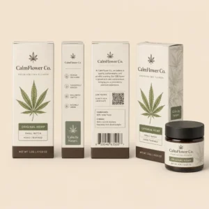 Custom CBD packaging with hemp flower boxes and branded jar presentation