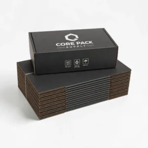 Black mailer boxes stacked for wholesale packaging with logo printing