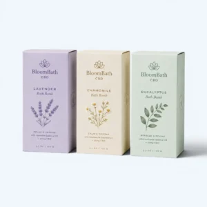Custom CBD bath bomb boxes with pastel printed packaging for lavender, chamomile, and eucalyptus bath bombs
