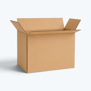 Custom corrugated shipping boxes in kraft material with open RSC box flaps and durable corrugated board.