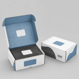 Custom printed ecommerce boxes with blue interior printing and branded mailer packaging