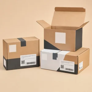 Ecommerce shipping boxes in kraft and white corrugated packaging with shipping label design
