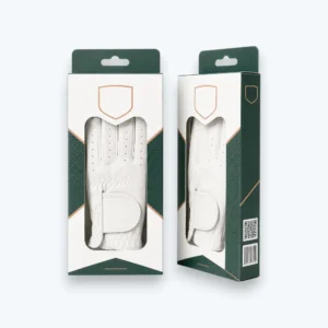 Custom golf glove packaging with hanging tab boxes and window cut-outs for retail display