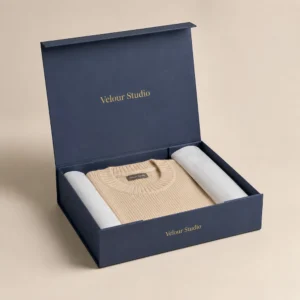 Luxury apparel boxes with magnetic closure and folded sweater for custom clothing packaging
