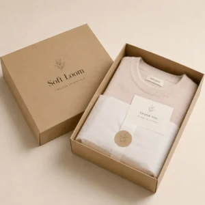 Custom printed kraft apparel boxes with sweater, tissue wrap, and thank you card