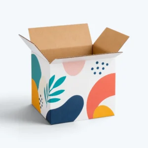 Custom printed shipping boxes with full-color printing on white corrugated packaging.