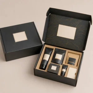 Custom subscription boxes with luxury black printed packaging and product inserts