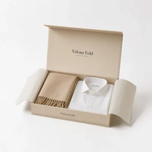 Rigid apparel boxes with custom cream packaging for shirt and scarf gift set