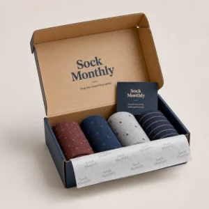 Eco-friendly kraft socks boxes with folded socks and branded interior printing, suitable for organic sock brands, sustainable apparel packaging, and retail display.