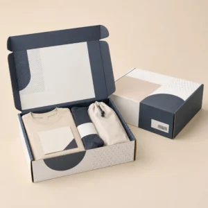 Premium custom subscription boxes featuring an open mailer box with beauty products, soft pink packaging, logo placeholder, QR code area, and elegant subscription box packaging for recurring product deliveries.