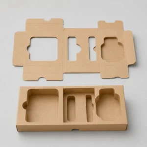 Die cut cardboard inserts in kraft material with custom product cutouts and fitted tray compartments