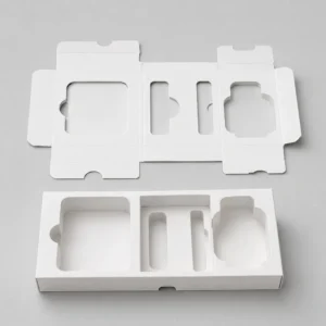 Die cut inserts with flat dieline layout and folded product-fit tray for custom packaging