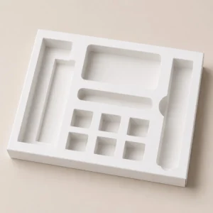 Die cut packaging inserts with shaped compartments for organized product placement and clean unboxing