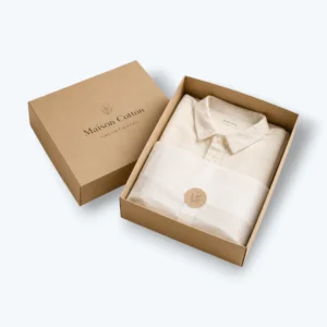 Kraft apparel boxes with folded shirt and tissue paper for premium clothing packaging