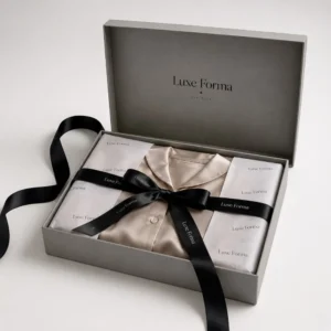 Luxury apparel boxes with shirt, ribbon, tissue paper, and premium gift packaging design