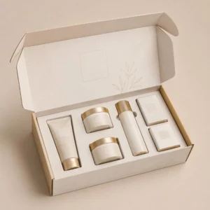 Custom cardboard box inserts in a printed skincare box with jars, tubes, and cartons