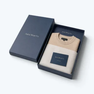 Rigid apparel boxes with premium navy packaging for folded sweater and branded tissue paper