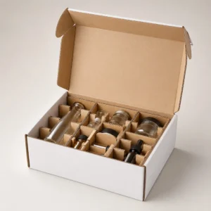 Shipping box inserts in a white mailer box separating glass bottles and jars with corrugated partitions