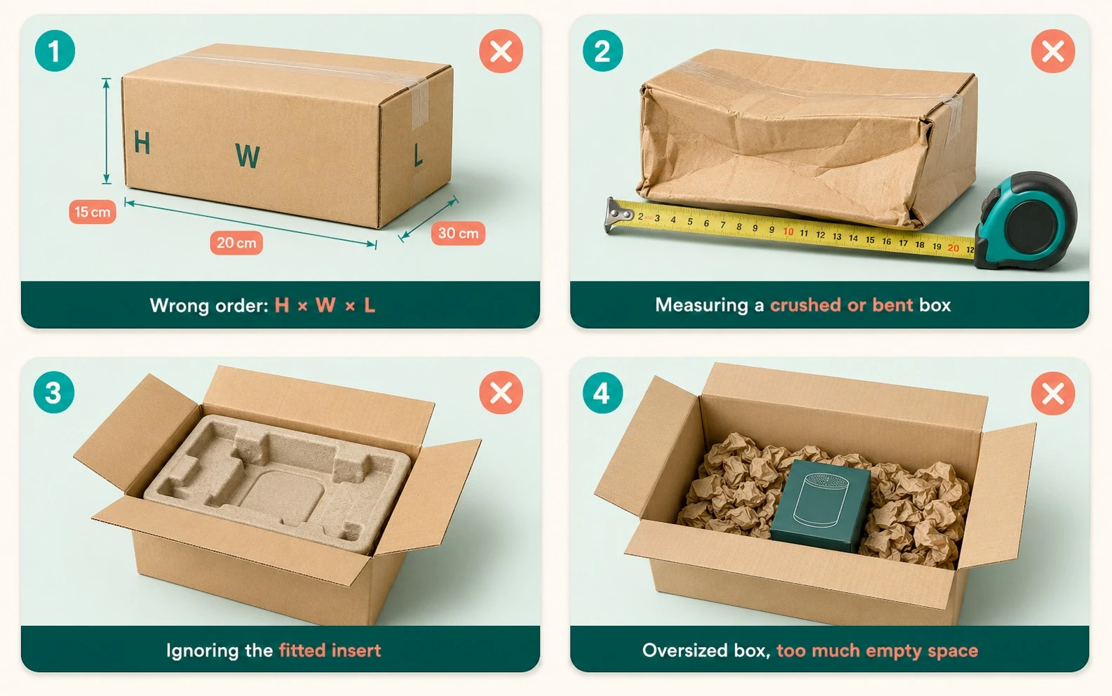 Common box measurement mistakes including wrong dimension order and ignored inserts