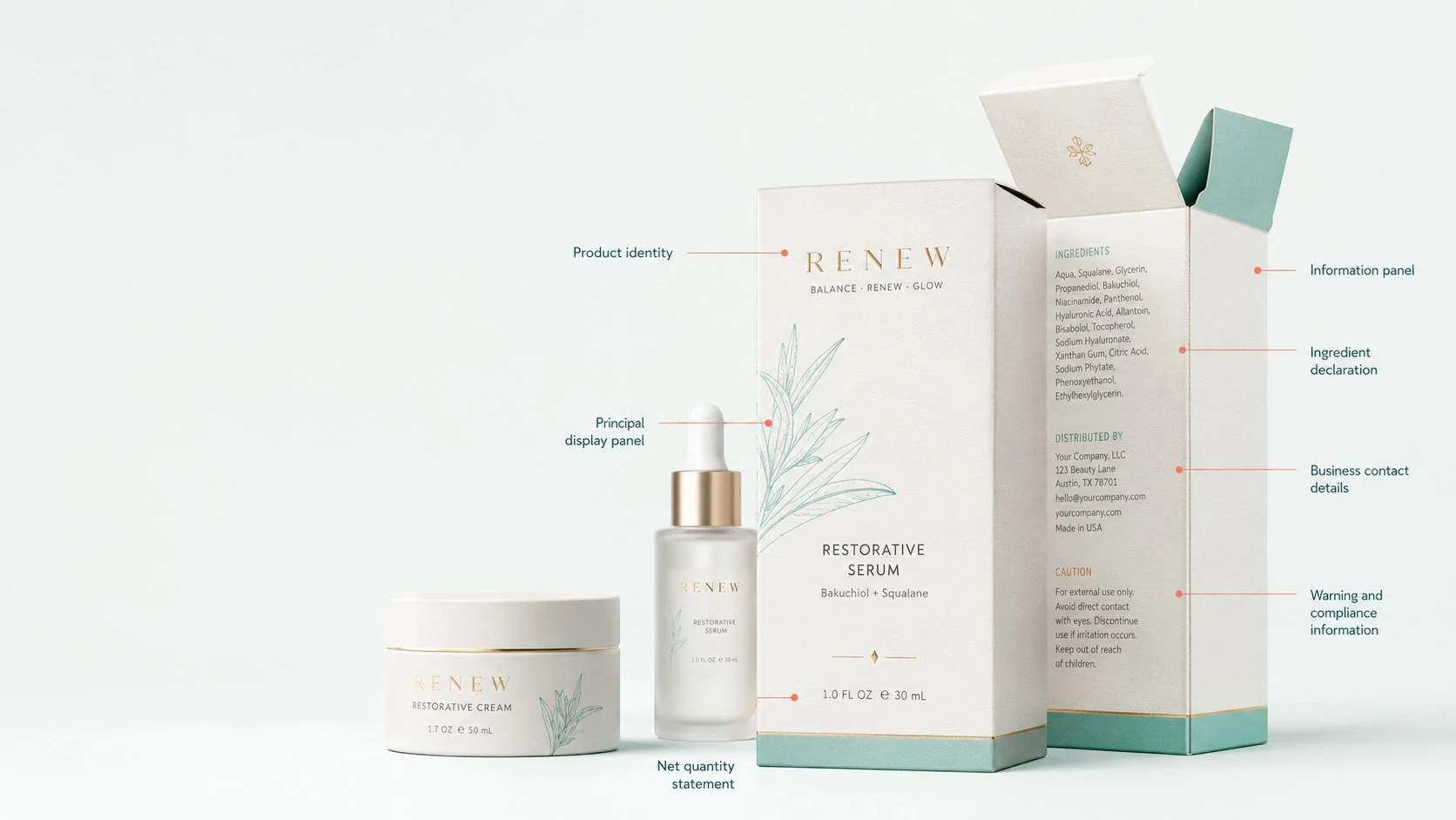 Cosmetic packaging labeling requirements shown on skincare cartons and product containers