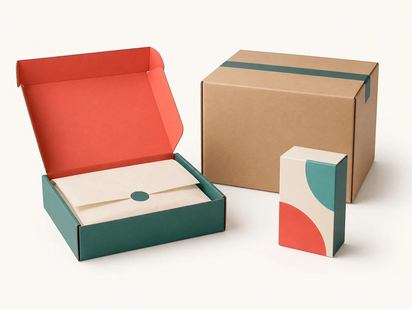 Custom ecommerce mailer, shipping, and retail packaging boxes arranged together
