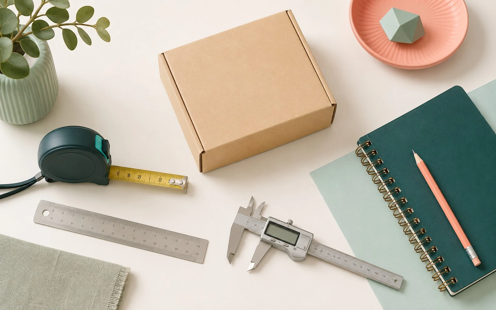 Measuring tape, ruler, digital caliper and kraft box used to measure packaging accurately