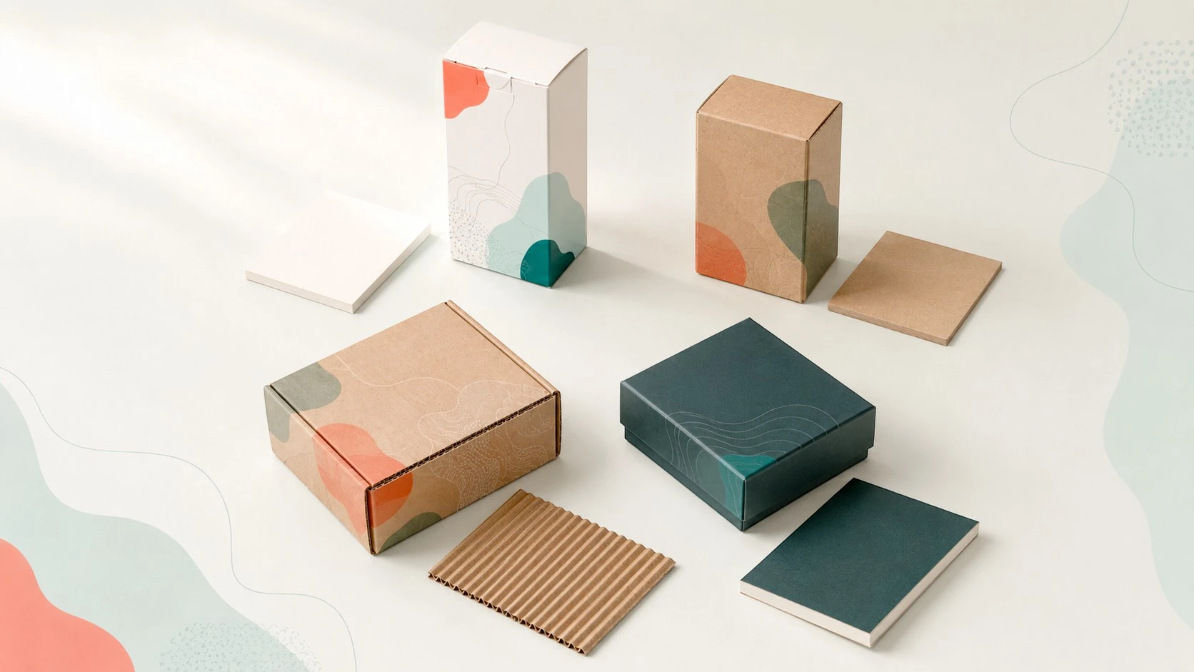 Cardstock, kraft, corrugated and rigid-board packaging materials with matching box styles
