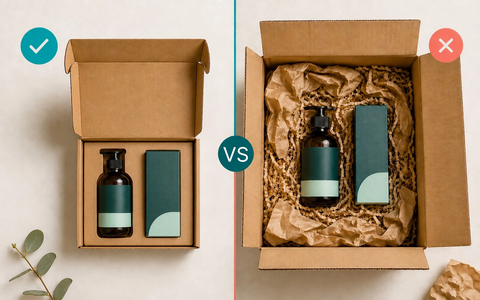 Right sized custom packaging compared with an oversized box containing excess void space