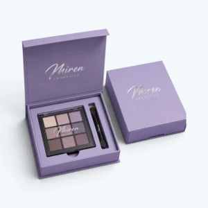 Custom eyeshadow boxes with rigid palette packaging, logo printing, brush insert, and premium purple finish
