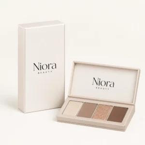 Custom eyeshadow packaging with logo, compact palette box, and cream rigid cosmetic packaging design