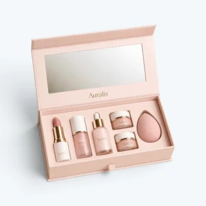Custom makeup boxes with rigid kit packaging, mirror lid, and fitted inserts for beauty products
